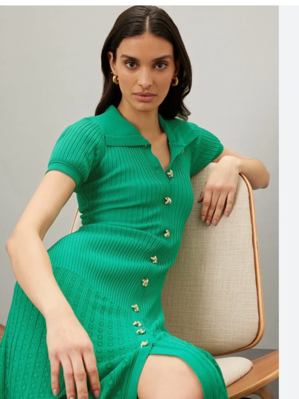 Green Rib-Knit Polo Button-Front Midi Dress - Picture 2 of 5